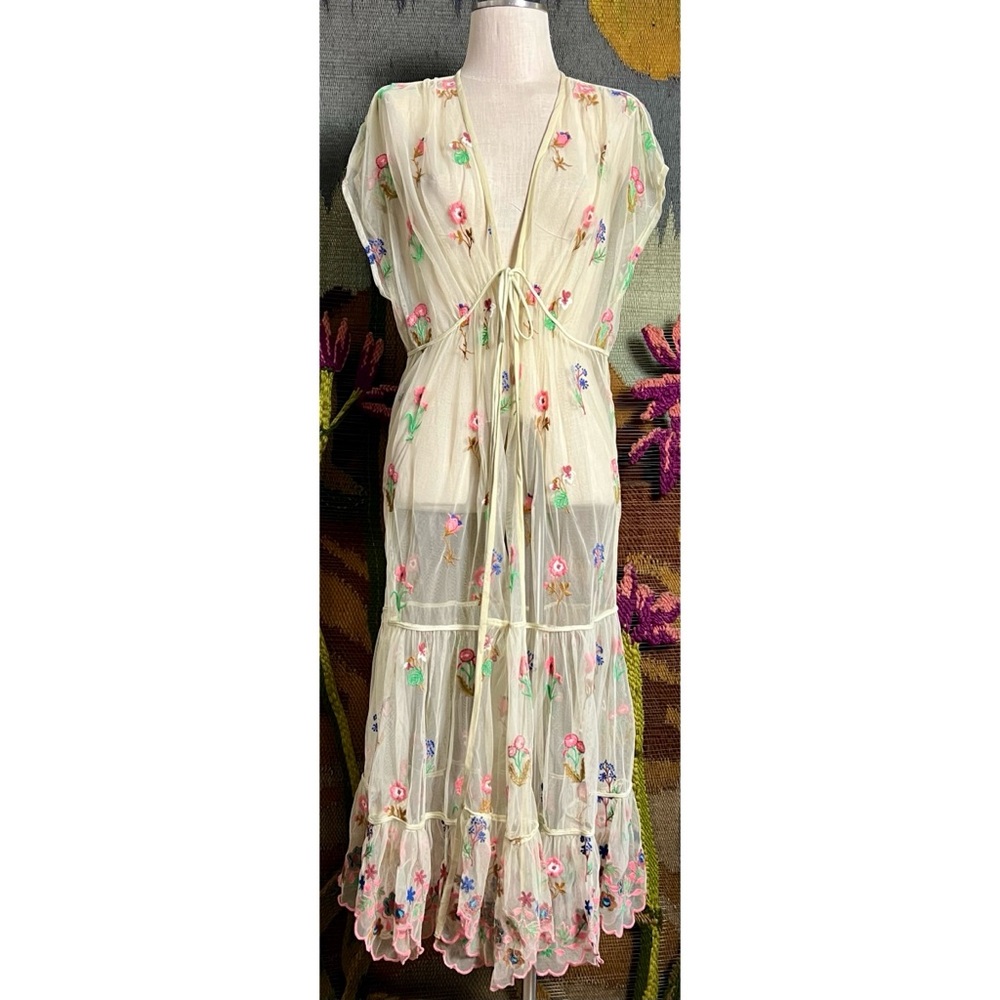 Anthropologie Sheer Embroidered Overlay Duster Kimono